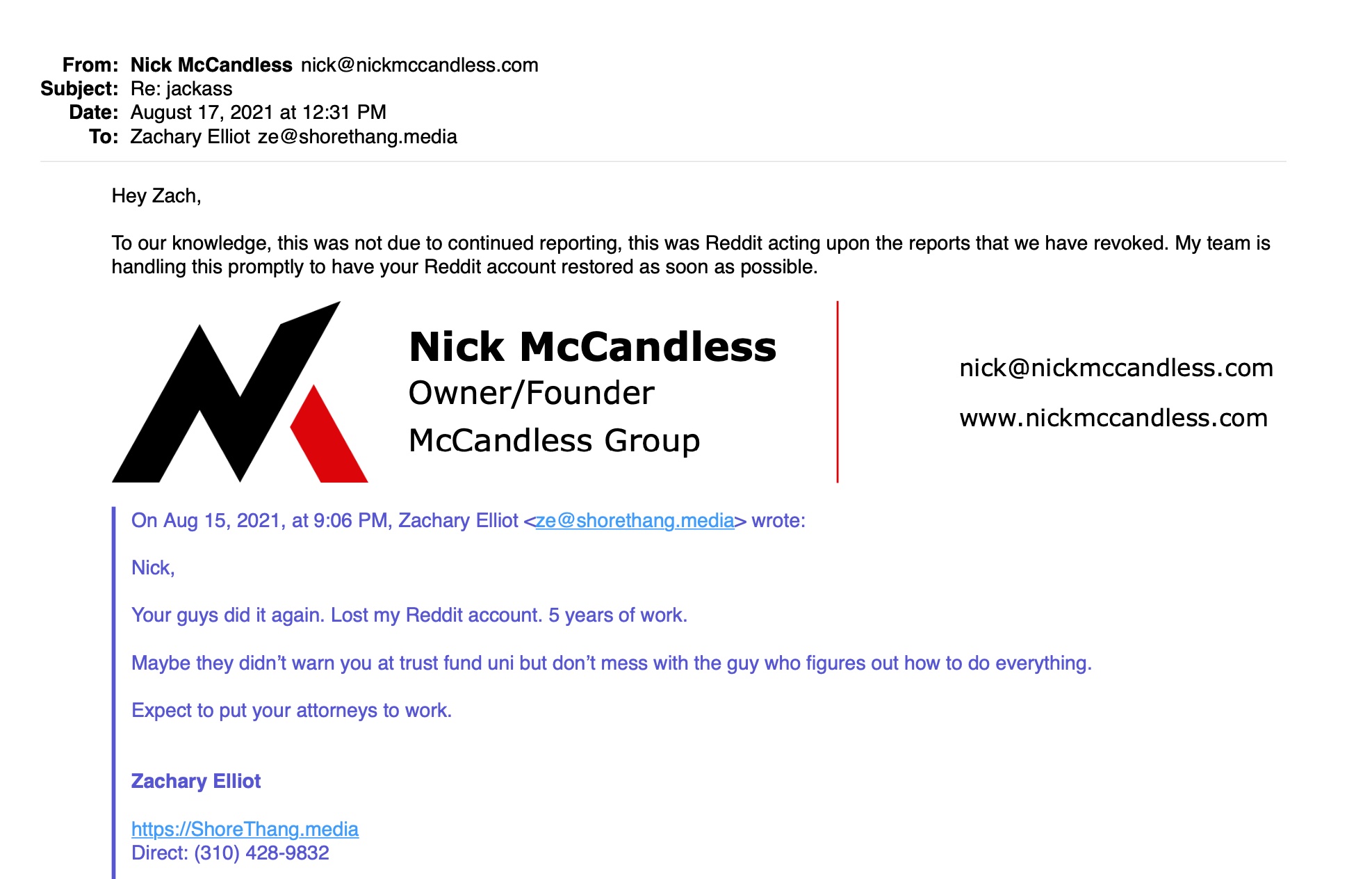 Nick McCandless admits to knocking down our Reddit account using false DMCAs